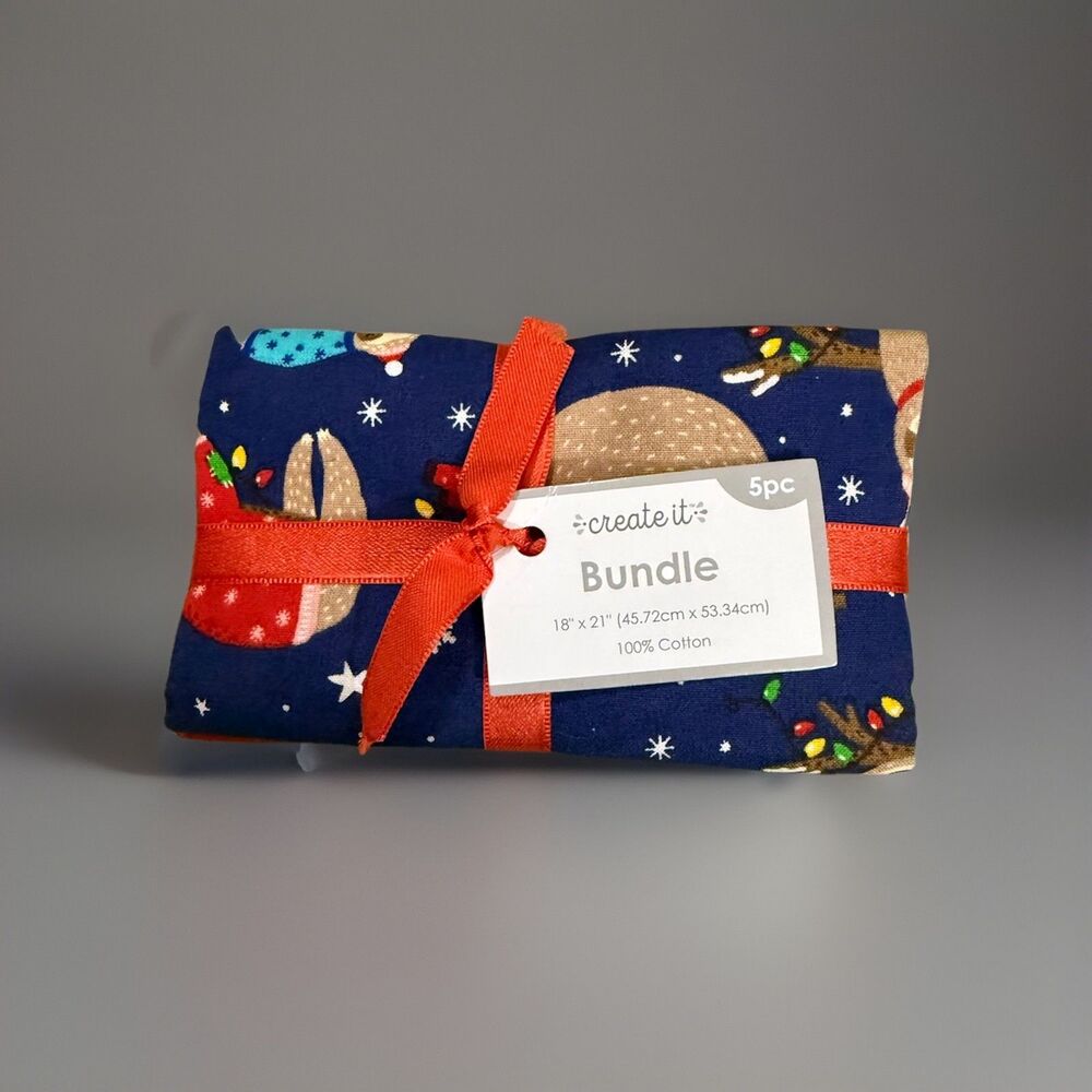 Create It Holiday Sloth Five Piece Fat Quarter Fabric Bundle 18" x 21" New